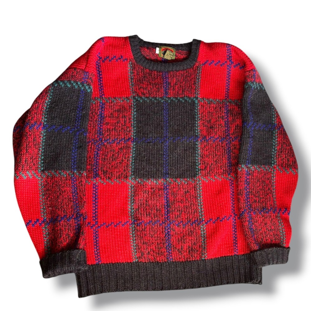 Vintage Wool Plaid Chunky Knit Crewneck Sweater Red Black Green Heritage Unisex